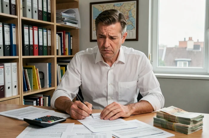 Propriétaire assis à un bureau avec des billets en espèces et des documents de location non déclarée