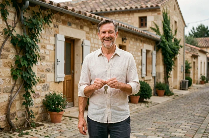 Propriétaire tenant les clés de sa maison en pierre achetée grâce à un crédit immobilier à Pézenas, façade en calcaire typique du Languedoc en arrière-plan