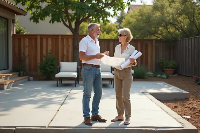 Couple de propriétaires inspectant les fondations en béton de leur future terrasse extérieure lors de travaux de rénovation