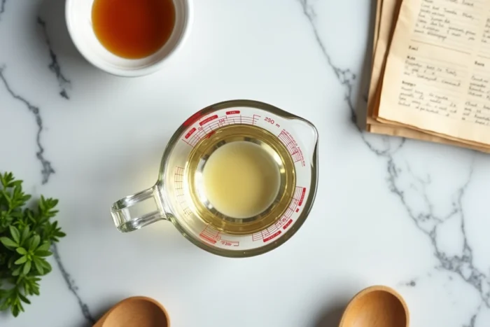 Vue du dessus d'un verre doseur rempli à 25 cl posé sur un plan de travail en marbre avec des ustensiles de cuisine