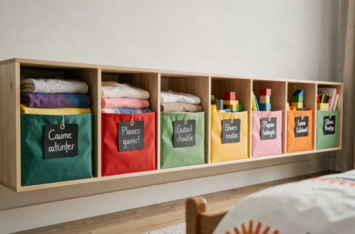 Rangements à hauteur d'enfant avec bacs colorés étiquetés à la craie sur une étagère basse dans une chambre de garçon