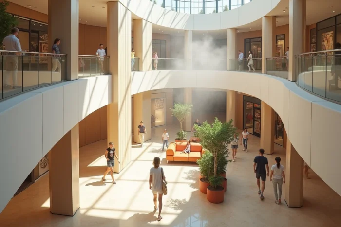 Système de climatisation adiabatique en céramique intégré dans un atrium de centre commercial moderne avec visiteurs