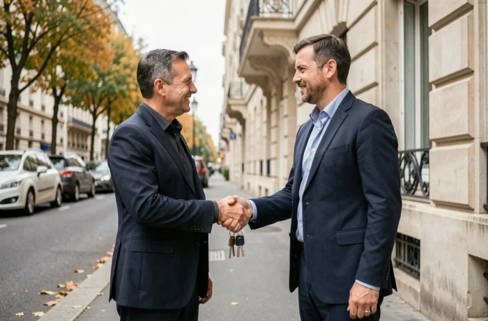 Agent immobilier remettant les clés d'un appartement en location à un nouveau locataire devant un immeuble