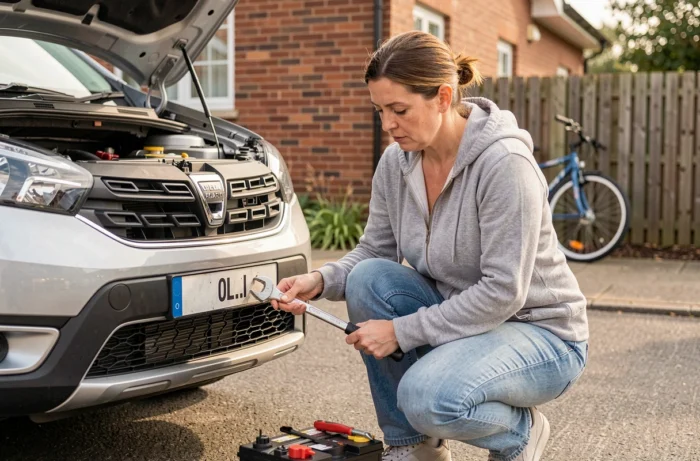 Femme changeant elle-même la batterie de sa Dacia Jogger dans une allée résidentielle