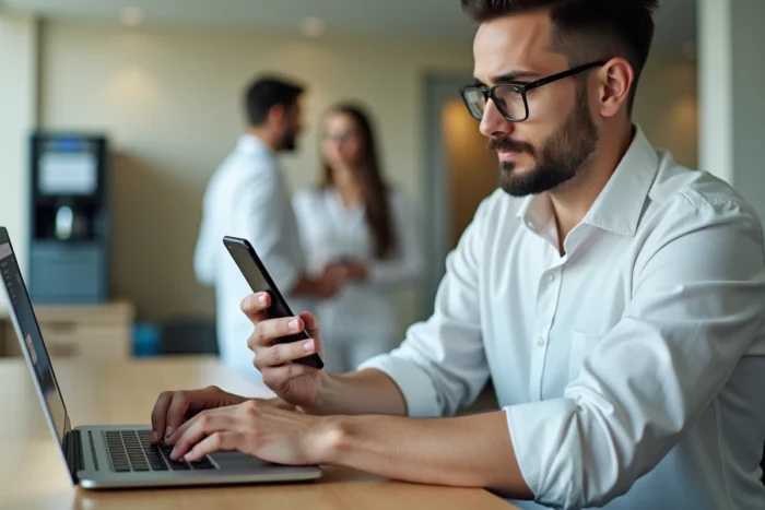 Employé de l'AP-HP résolvant une erreur de messagerie sur laptop et smartphone dans une salle de pause hospitalière