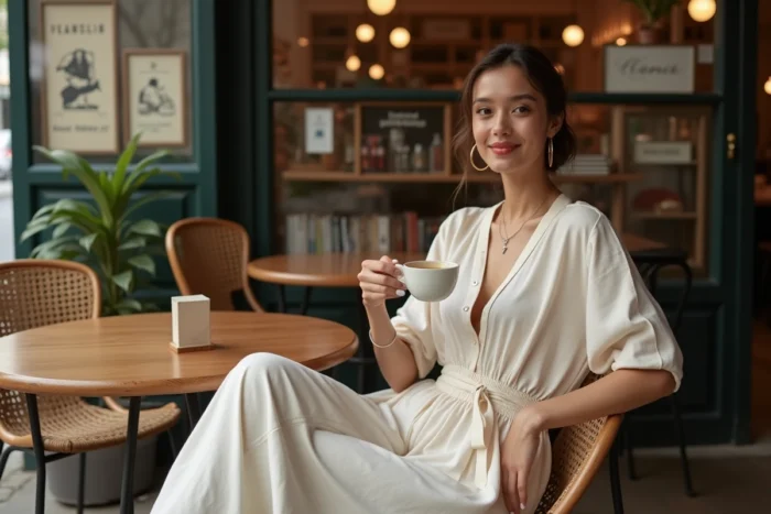 Femme élégante en robe ample ivoire assise à la terrasse d'un café parisien avec accessoires dorés minimalistes