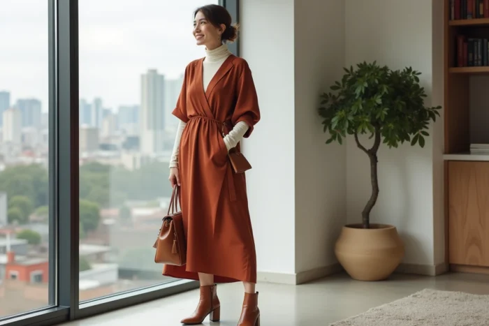 Femme portant une robe ample terracotta superposée sur un col roulé crème dans un appartement moderne minimaliste