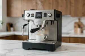 Machine expresso broyeur Saeco Picobaristo Deluxe posée sur un plan de travail en marbre blanc dans une cuisine moderne