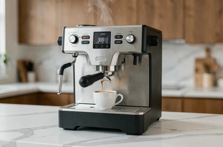 Machine expresso broyeur Saeco Picobaristo Deluxe posée sur un plan de travail en marbre blanc dans une cuisine moderne
