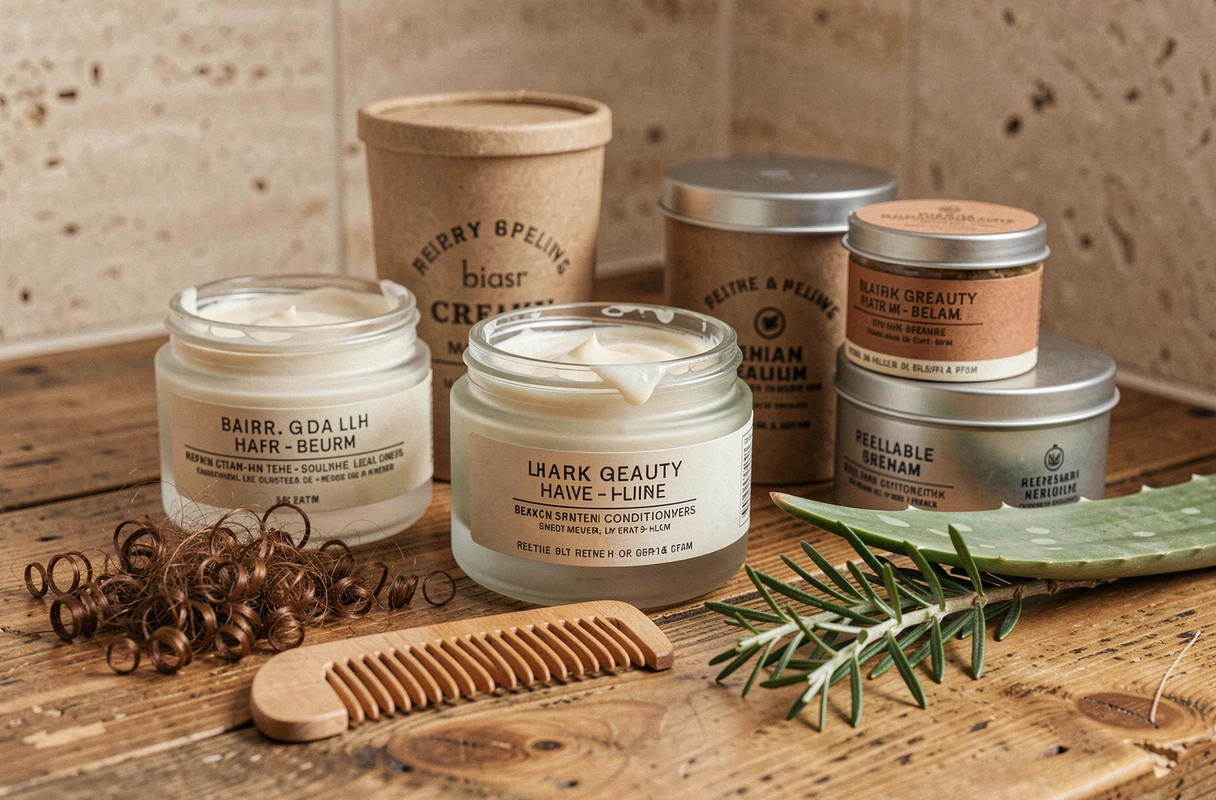 Sélection de crèmes coiffantes clean et naturelles pour cheveux bouclés présentées sur un plan de travail en bois