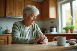 Femme senior pratiquant des exercices de motricité dans sa cuisine pour améliorer sa qualité de vie au quotidien