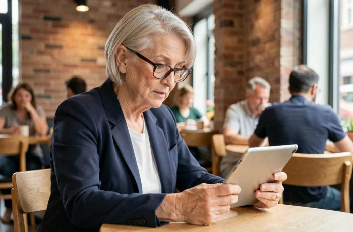 Femme senior élégante consultant une tablette dans un café moderne, illustrant les tendances numériques pour les seniors
