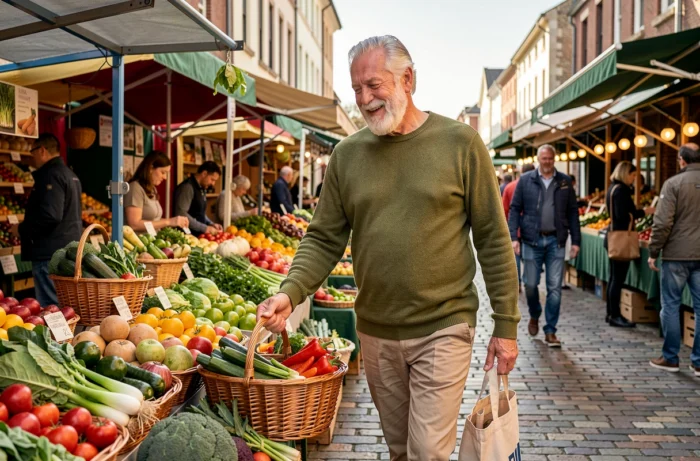 Homme senior actif faisant ses courses au marché en plein air, représentant le mode de vie sain et les tendances bien-être des seniors