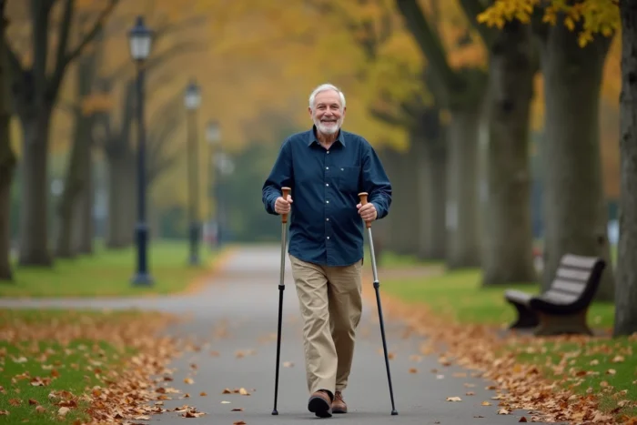 Senior actif marchant dans un parc en automne avec des bâtons de marche nordique pour maintenir sa forme physique
