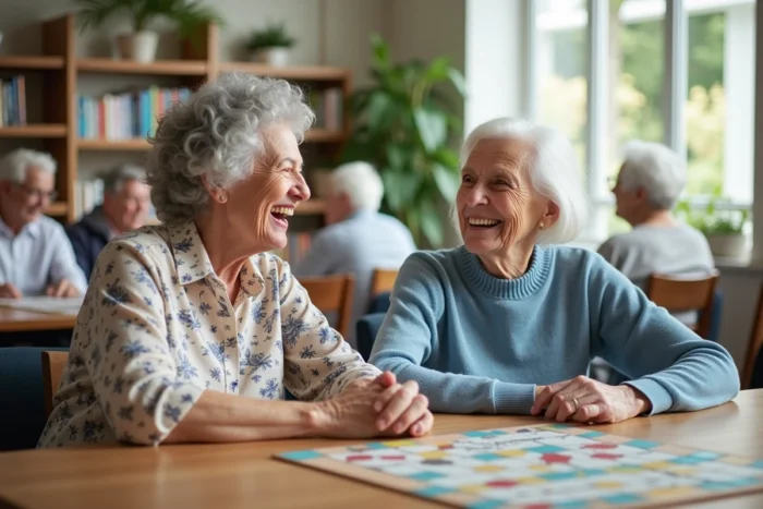 Deux femmes seniors jouant à un jeu de société dans un centre communautaire pour favoriser le lien social et le bien-être