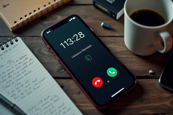 Vue de dessus d'un smartphone affichant un numéro d'appel inconnu sur un bureau avec carnet et café