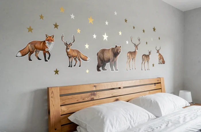 Stickers repositionnables d'animaux de la forêt et d'étoiles dorées sur un mur gris au-dessus d'un lit d'enfant
