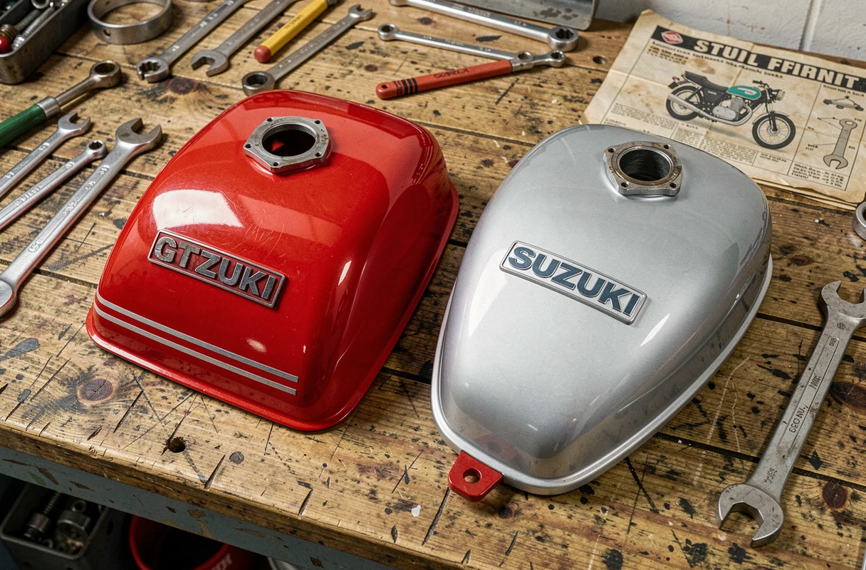 Comparaison de deux réservoirs de Suzuki GT750, millésimes 1972 en rouge candy et 1974 en silver mist, posés sur un établi d'atelier avec outils d'époque