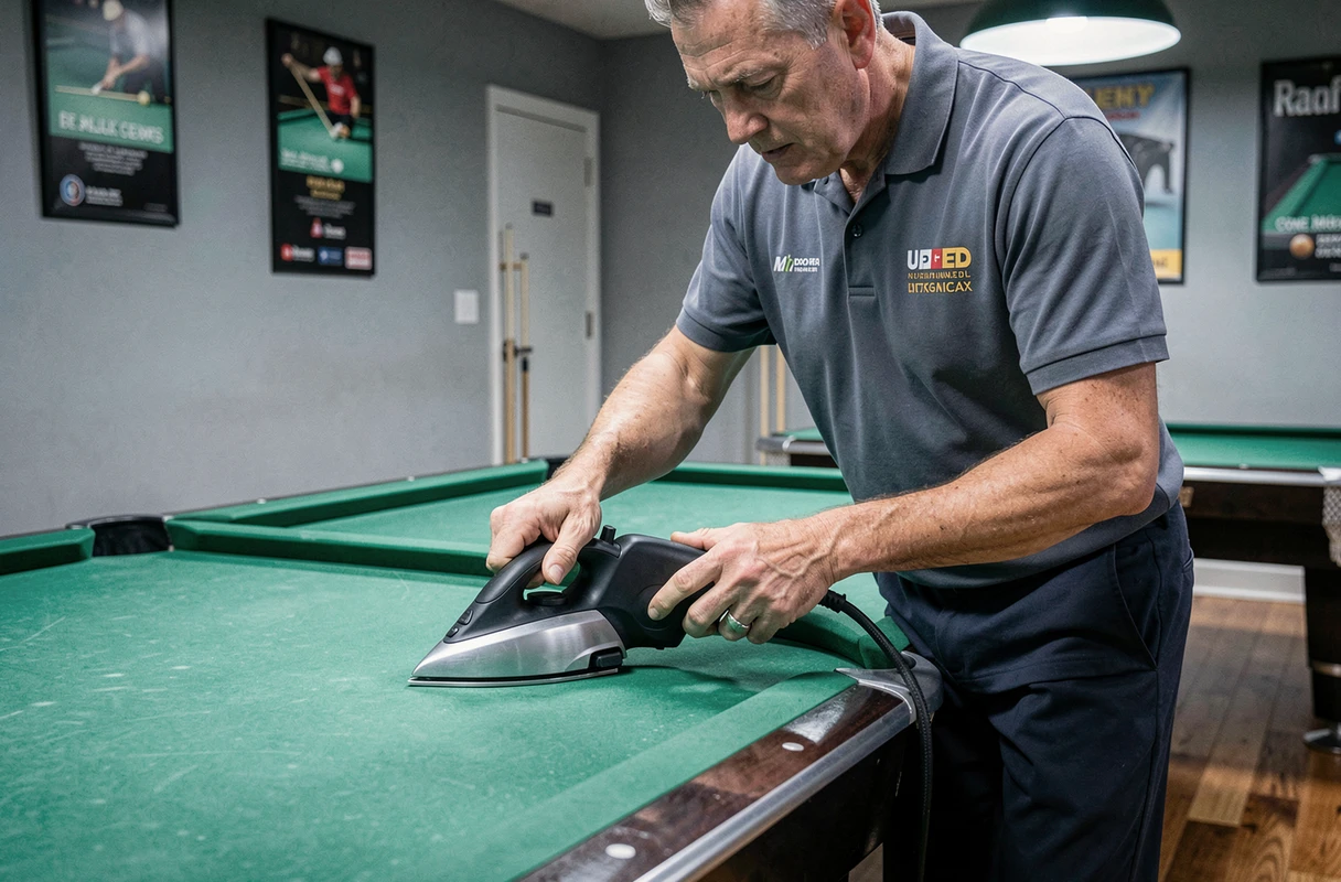 Technicien professionnel chauffant et lissant le tapis d'une table de billard avec un fer spécialisé