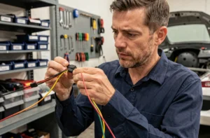 Technicien automobile examinant le faisceau de câblage coloré d'un autoradio Peugeot 206 dans un atelier