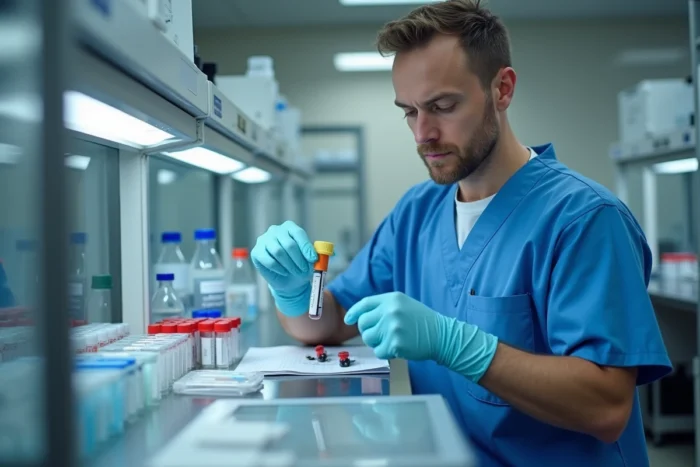 Technicien de laboratoire manipulant un tube de prélèvement sanguin pour analyse du marqueur tumoral CA 19-9