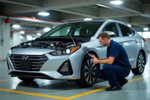 Technicien automobile inspectant le moteur hybride d'une berline moderne dans un parking souterrain urbain