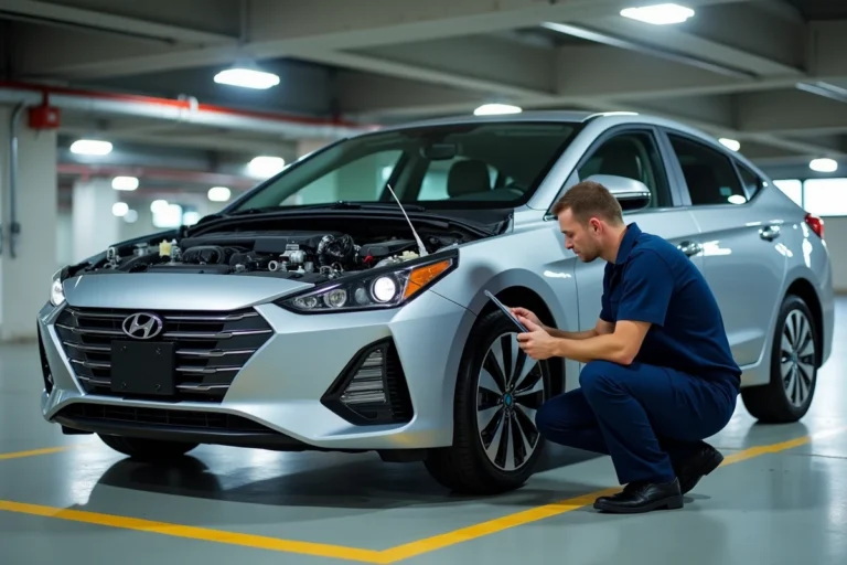 Technicien automobile inspectant le moteur hybride d'une berline moderne dans un parking souterrain urbain