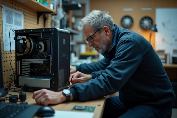 Technicien informatique réparant l'intérieur d'un ordinateur de bureau dans un atelier professionnel