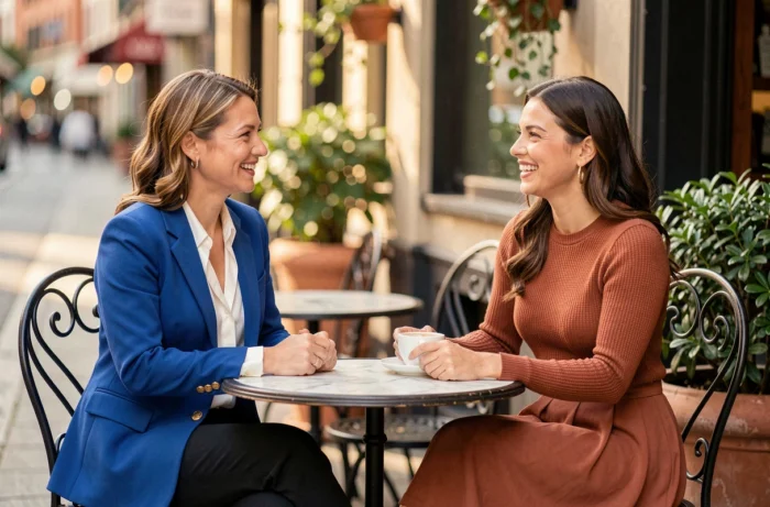 Deux femmes stylées en tenue tendance assises à une terrasse de café parisien, veste bleue cobalt et jupe terracotta