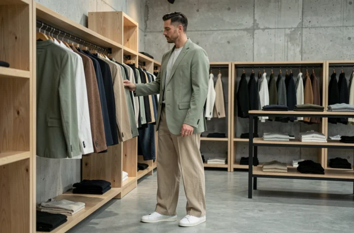 Homme tendance en blazer vert sauge et pantalon large dans un concept store minimaliste, mode masculine contemporaine