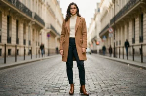 Femme élégante en manteau camel et col roulé crème dans une rue pavée parisienne, tendances mode automne-hiver