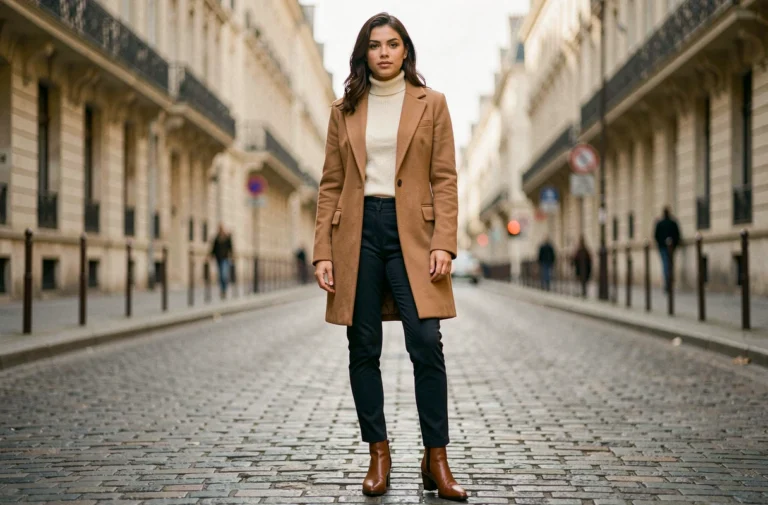 Femme élégante en manteau camel et col roulé crème dans une rue pavée parisienne, tendances mode automne-hiver