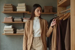 Femme élégante en blazer camel oversize explorant les dernières tendances mode dans une boutique parisienne minimaliste