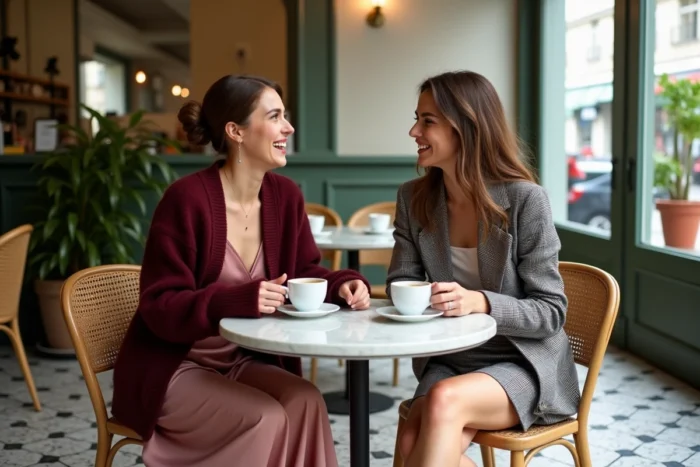 Deux femmes élégantes en tenues tendance de saison savourant un café dans un bistrot parisien authentique, illustrant les styles mode actuels