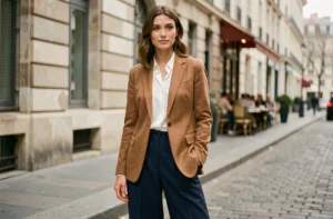 Femme élégante portant un blazer camel et un pantalon large marine dans une rue parisienne, tendances mode automne