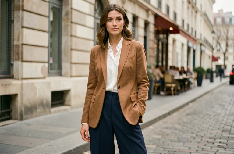 Femme élégante portant un blazer camel et un pantalon large marine dans une rue parisienne, tendances mode automne
