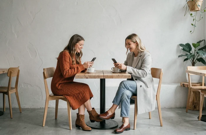 Deux femmes aux tenues tendance assises dans un café scandinave minimaliste, inspiration mode lifestyle et style automne-hiver
