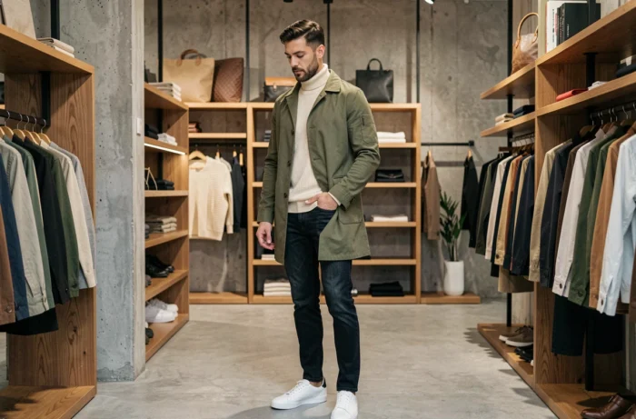 Homme tendance en veste chore coat olive parcourant les rayons d'un concept store moderne, style mode masculine
