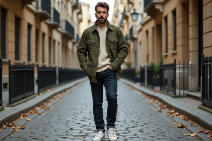 Homme stylé en veste utilitaire verte et denim droit incarnant les tendances mode urbaines de la saison sur une rue pavée européenne