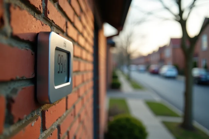 Thermomètre numérique extérieur fixé sur un mur en brique à l'ombre d'un avant-toit résidentiel