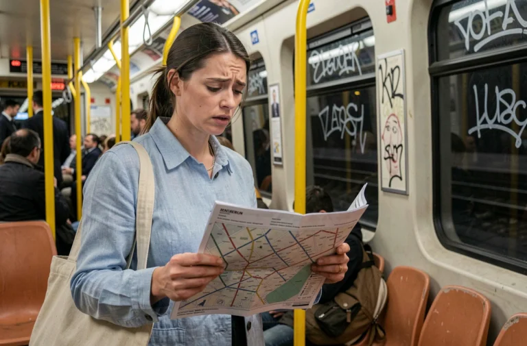 Touriste perdue dans le métro U-Bahn de Berlin tenant une carte de transport en papier