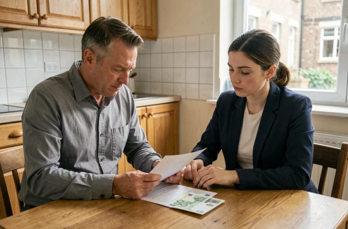 Locataire et propriétaire autour d'une table avec une enveloppe de billets en espèces lors d'une transaction de loyer non déclarée