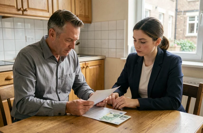 Locataire et propriétaire autour d'une table avec une enveloppe de billets en espèces lors d'une transaction de loyer non déclarée