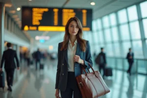 Femme professionnelle dans un terminal d'aéroport international prête à travailler à l'étranger