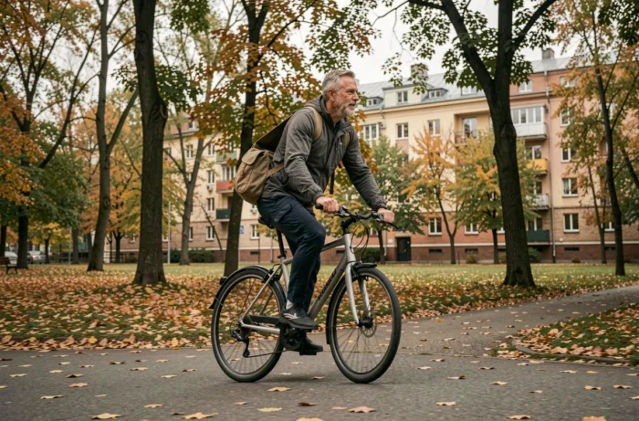 Homme à vélo sur une piste cyclable urbaine entourée d'arbres en automne, symbolisant un mode de transport écologique et un mode de vie actif