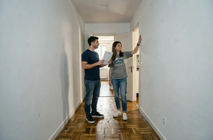 Couple visitant un appartement vide lors d'une visite locative en tenant une liste de vérification