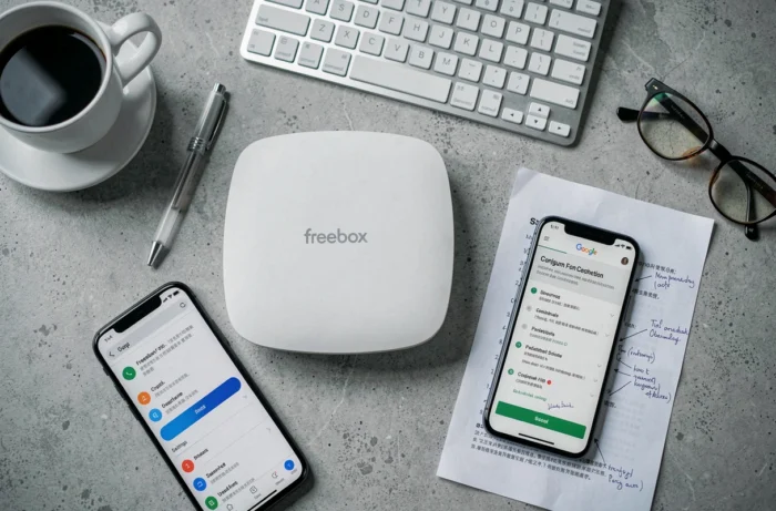 Vue de dessus d'une Freebox Pop avec guide de configuration Google et smartphone